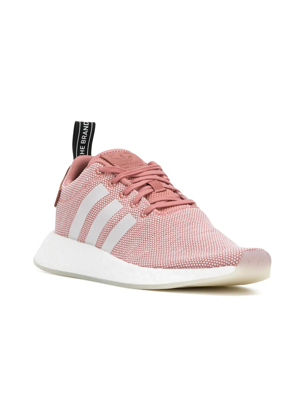adidas NMD R2 low-top sneaker, pink knit, pink laces, white stripes, black collar tab