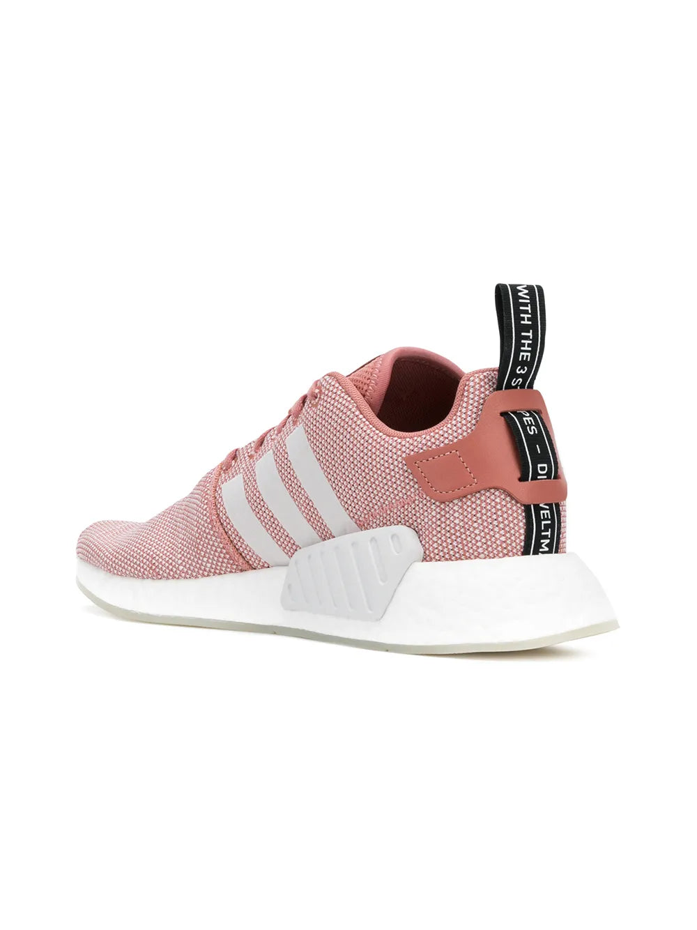 adidas NMD R2 low-top sneaker, pink knit, white heel detail, white midsole, black heel tab
