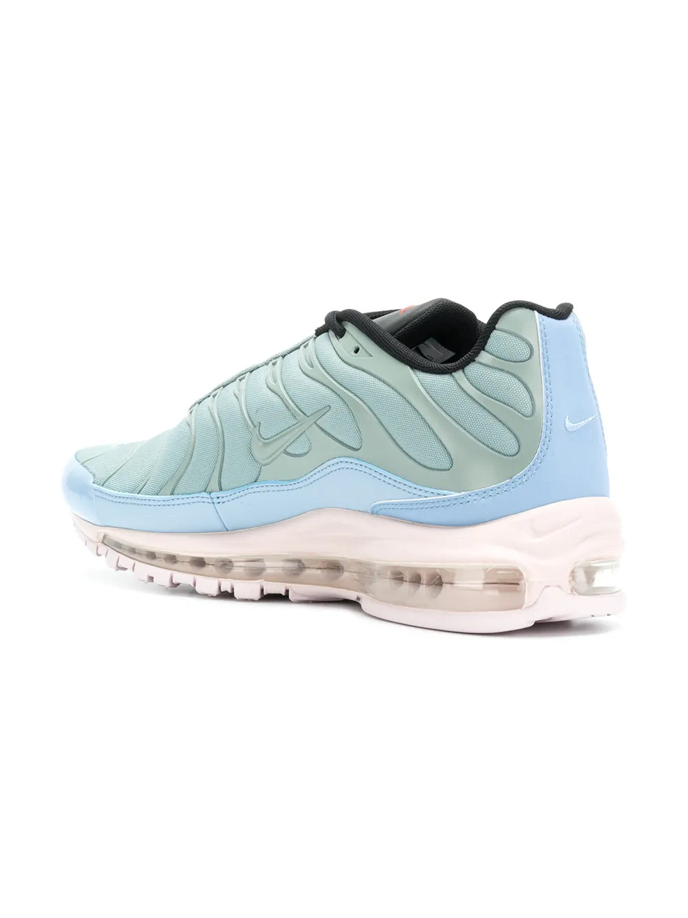 Nike Air Max 97 Plus sneakers with black collar, mint panels, and visible air sole