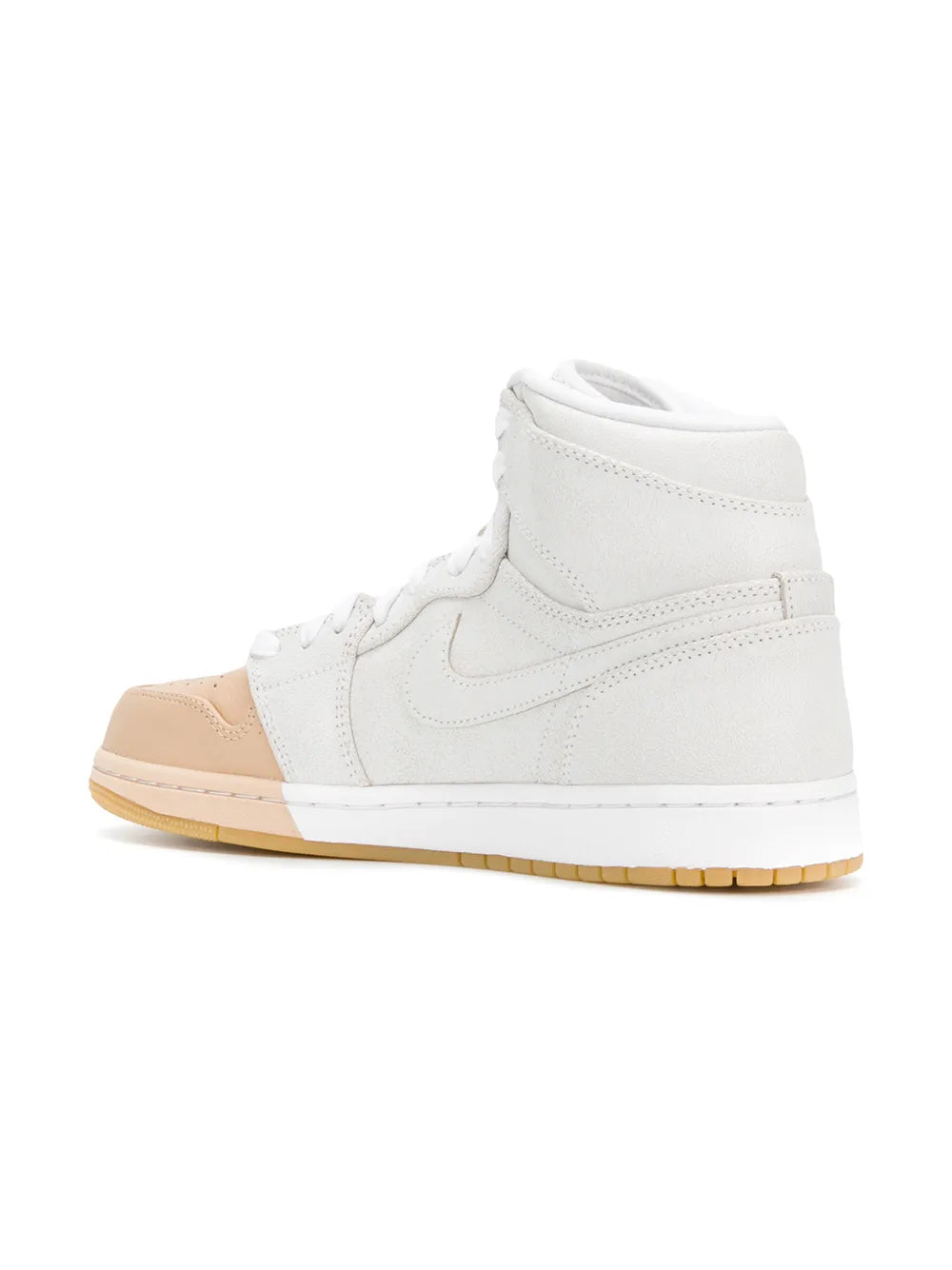 White and tan high-top sneakers, rear angle view with padded collar and gum sole