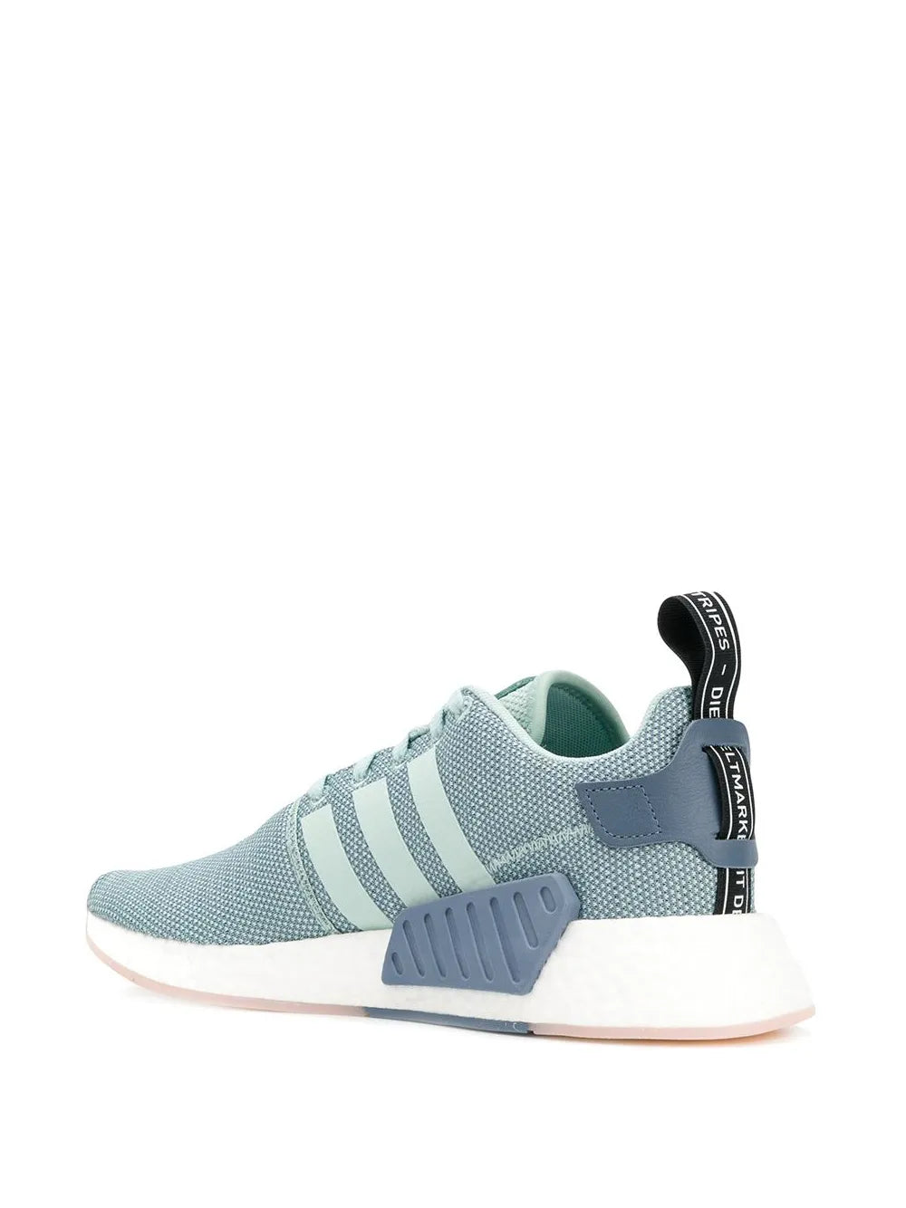 Light blue knit sneaker with white stripes, gray heel panel, and cushioned sole