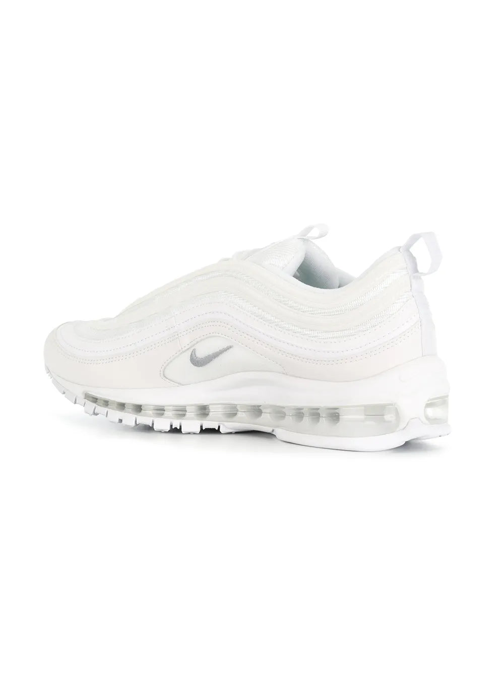 White Air Max 97 sneakers, rear 3/4 view with clear heel air unit