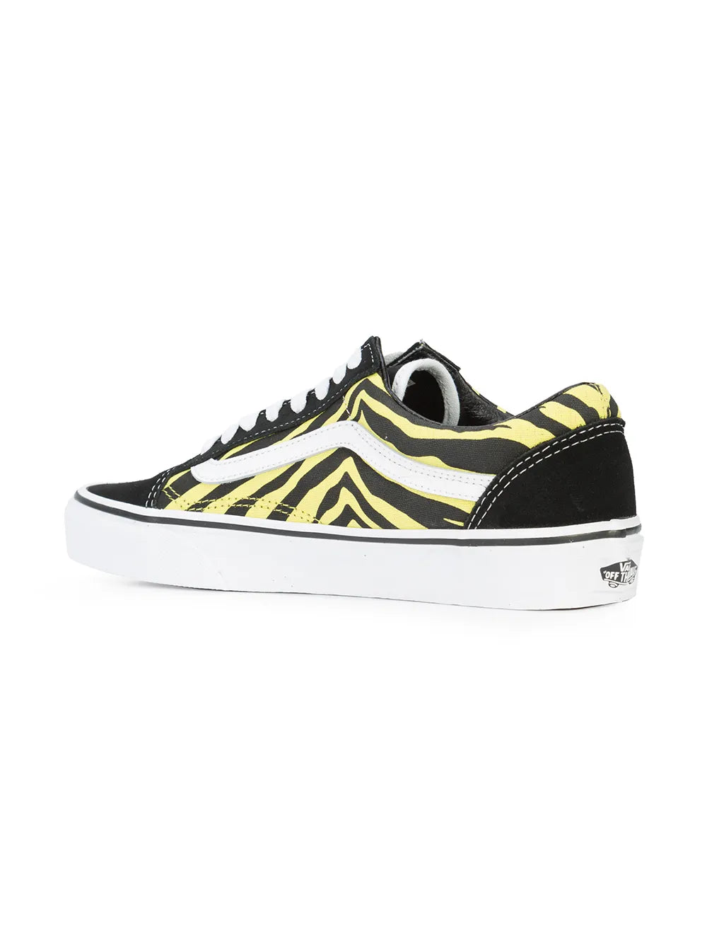 Black low-top skate shoe with yellow zebra print upper and white rubber sole