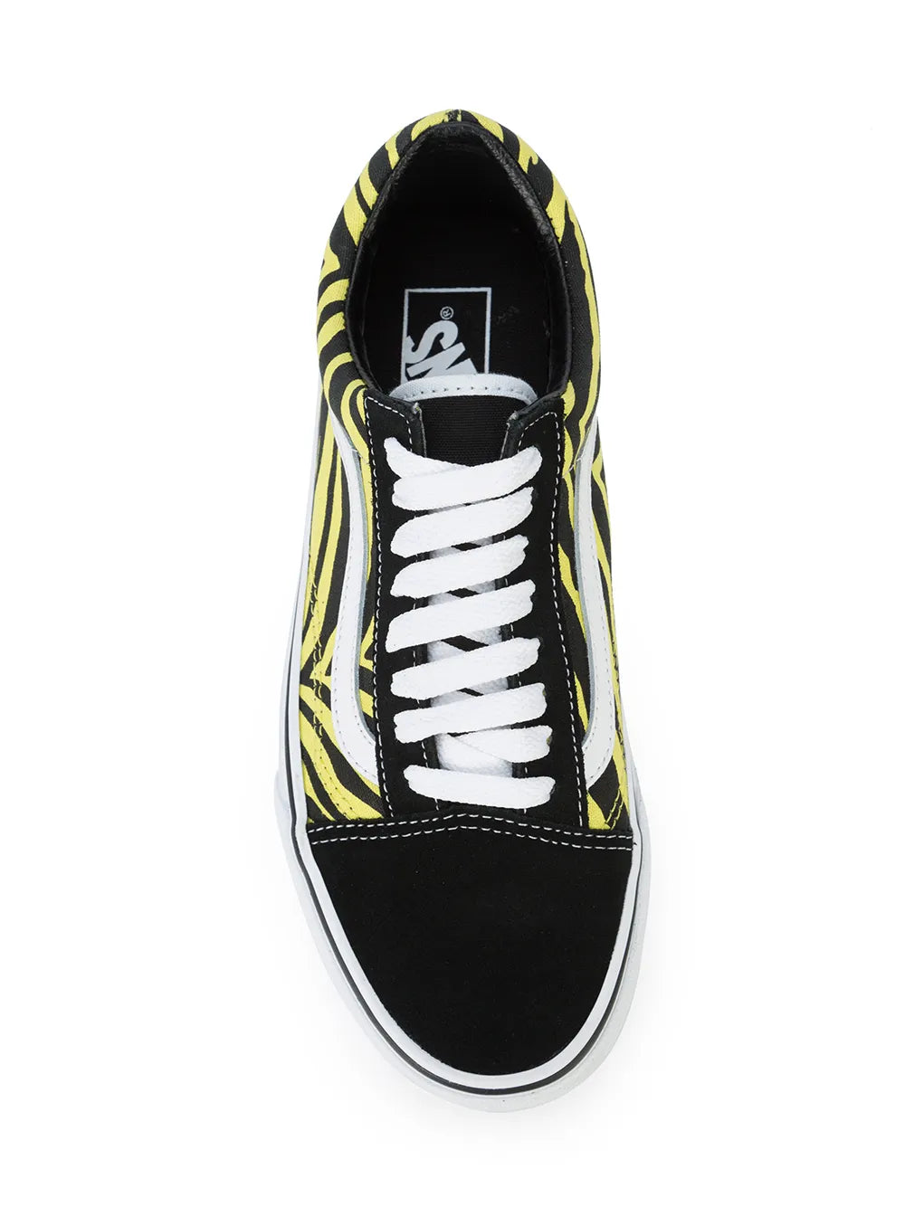 Black low-top skate shoe with yellow zebra trim, padded collar, and white laces