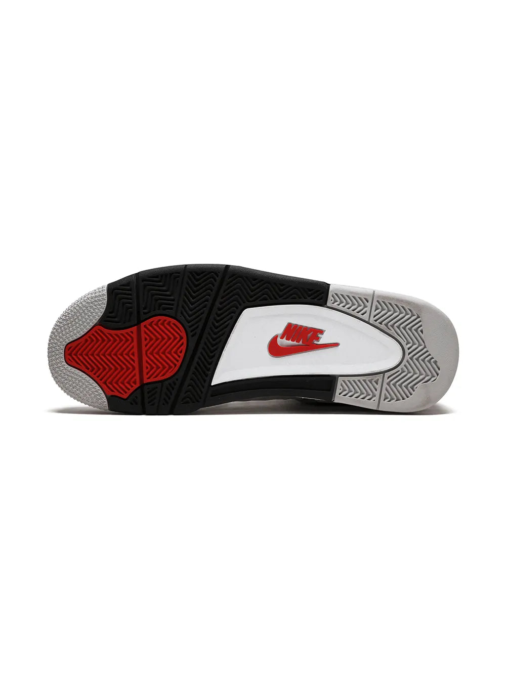 Air Jordan 4 Retro OG outsole view with black tread, gray patterning, red Nike logo