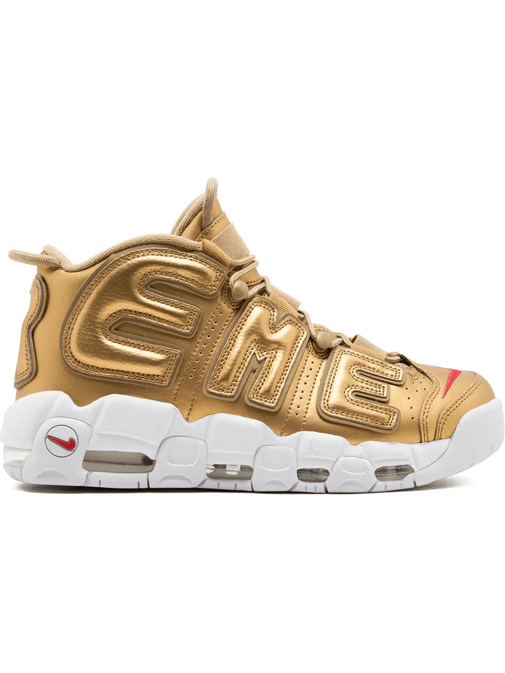 Gold high-top lace-up sneakers with white outsole and side panel branding