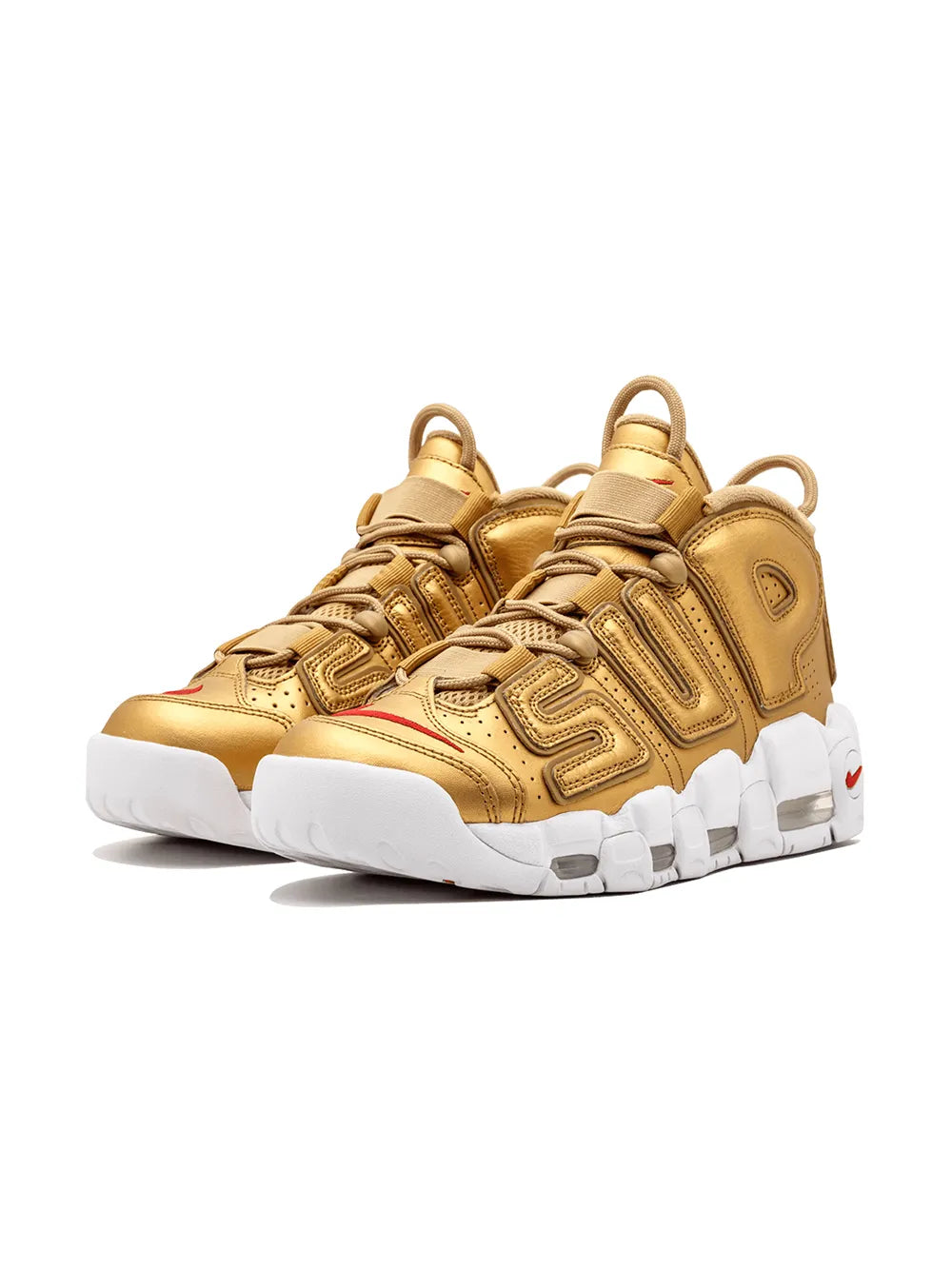 Gold high-top lace-up sneakers with white midsole and red accent on side