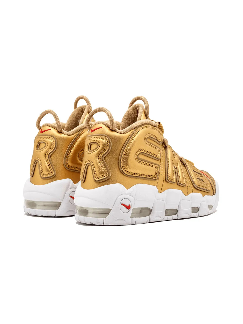 Pair of gold high-top lace-up sneakers with white soles and heel logo