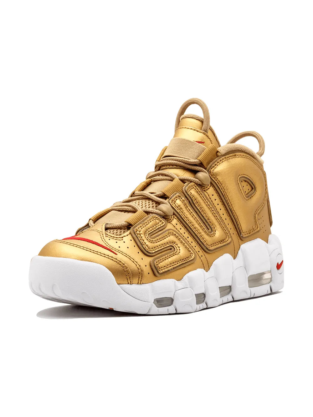 Gold high-top lace-up sneaker with white rubber sole and red swoosh detail