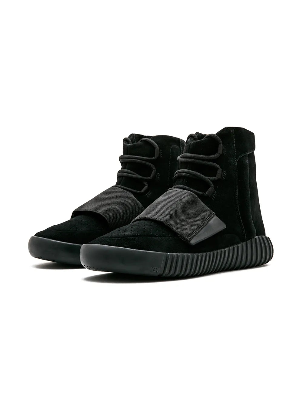 Black high-top sneakers, front view, with Velcro strap and ribbed sole