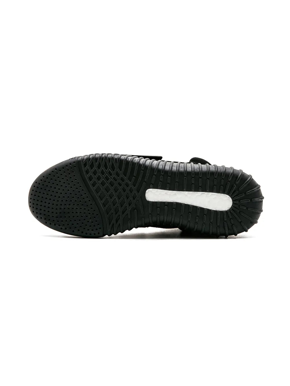 Black sneaker outsole with textured tread and ribbed midsole