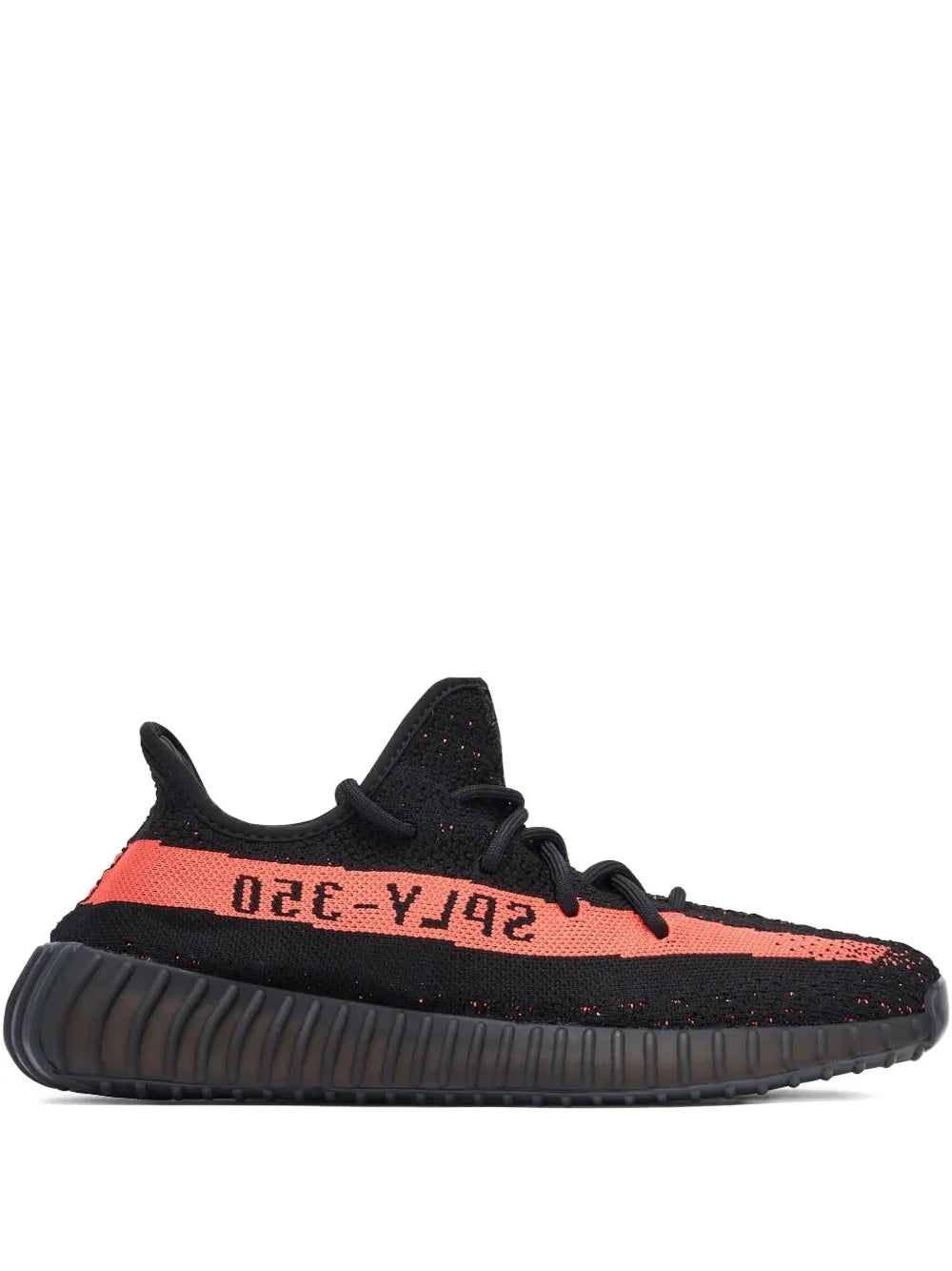 adidas Yeezy Boost 350 V2 black knit sneaker with red stripe and lace-up