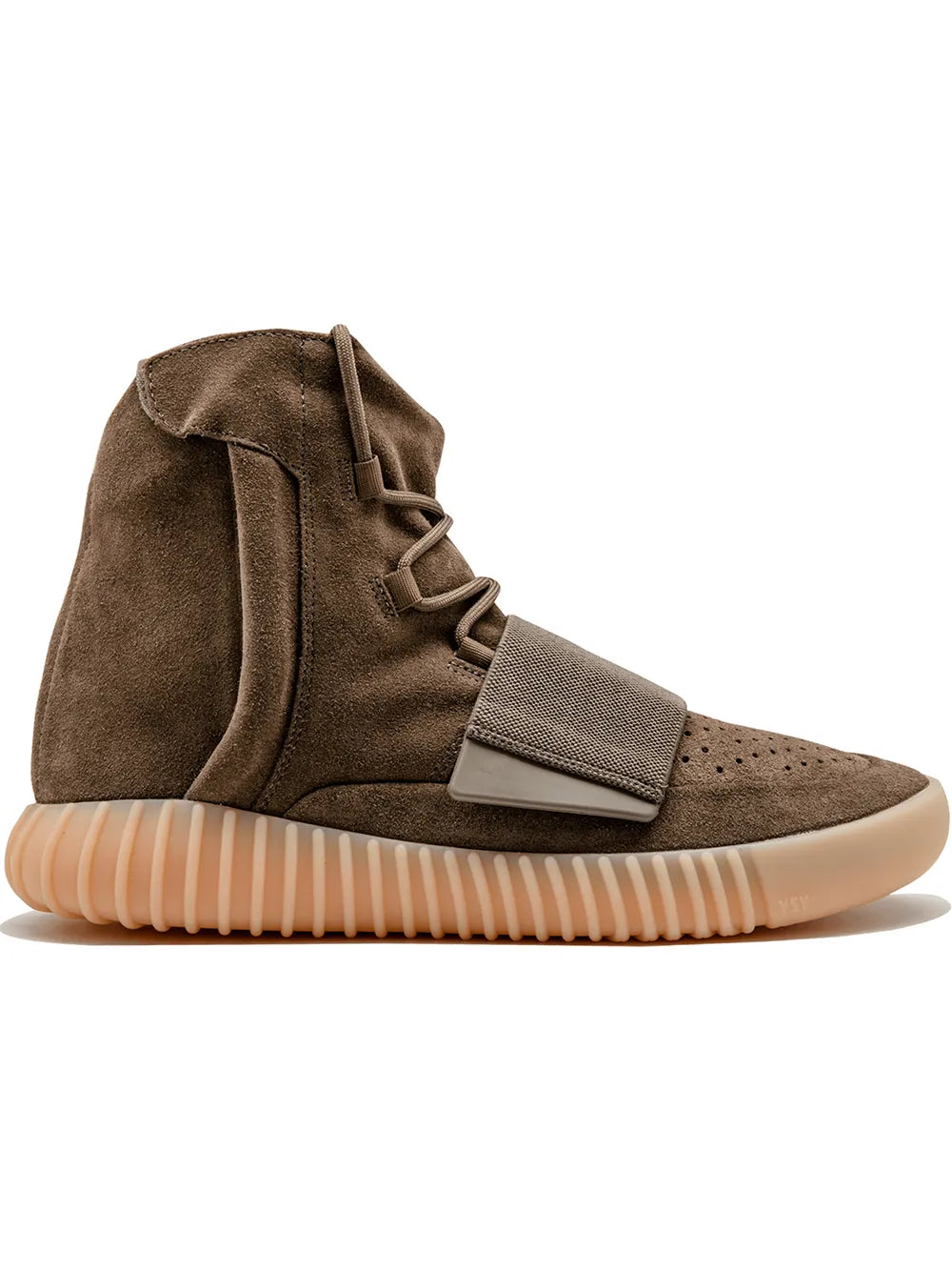 adidas Yeezy Boost 750 brown suede high-top sneakers, lace-up with strap, ribbed sole