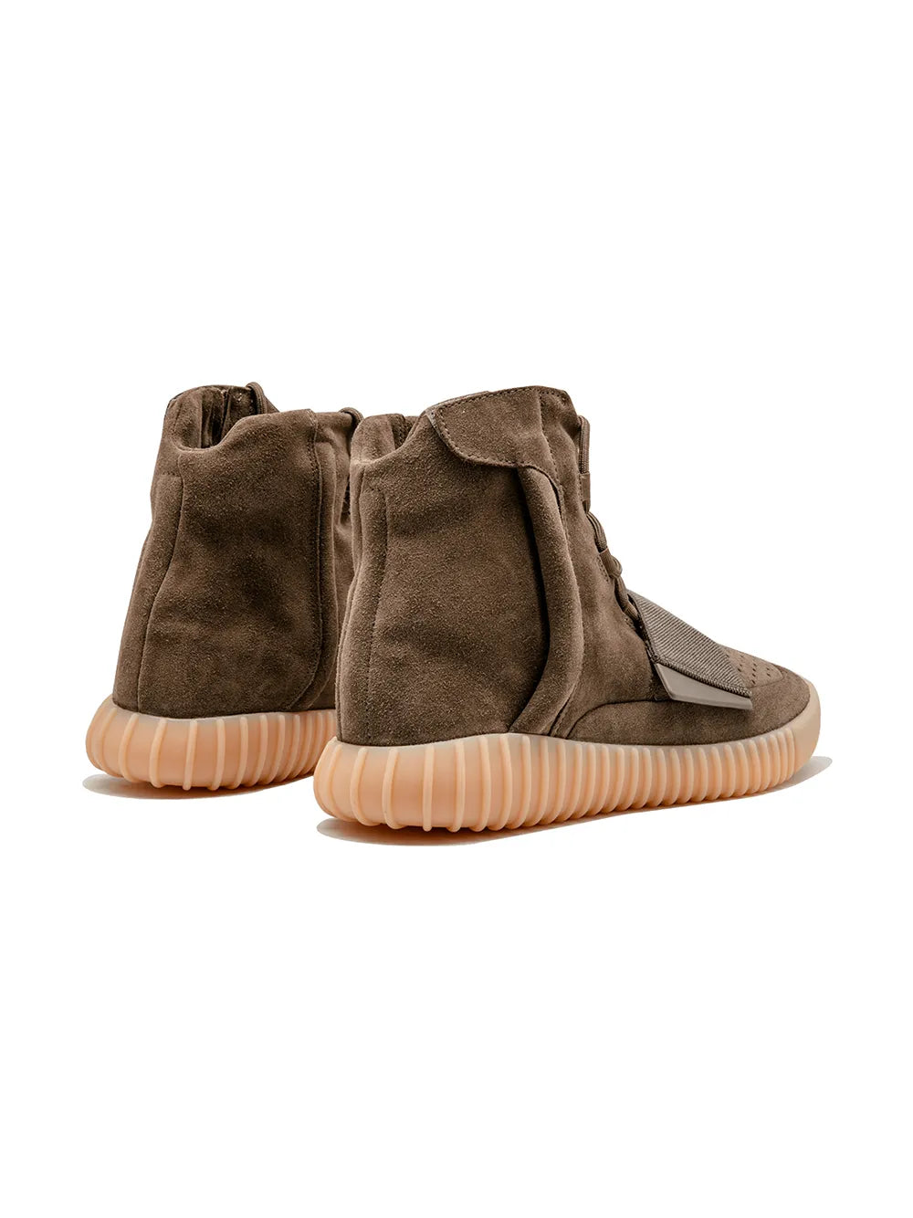 adidas Yeezy Boost 750 brown suede high-top sneakers, heel and toe panels, ribbed outsole