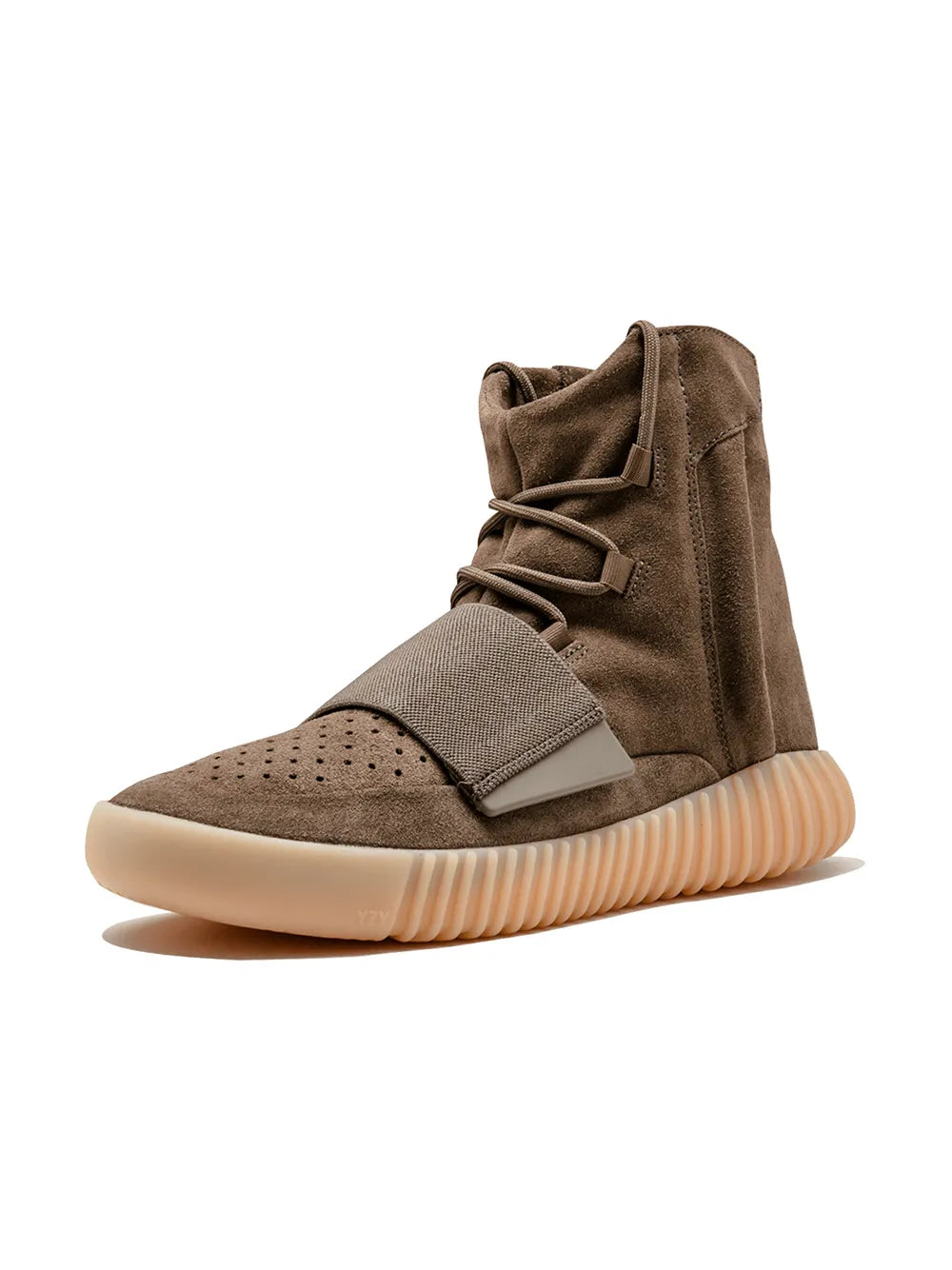 adidas Yeezy Boost 750 brown suede high-top sneakers, lace-up with buckle strap, thick sole