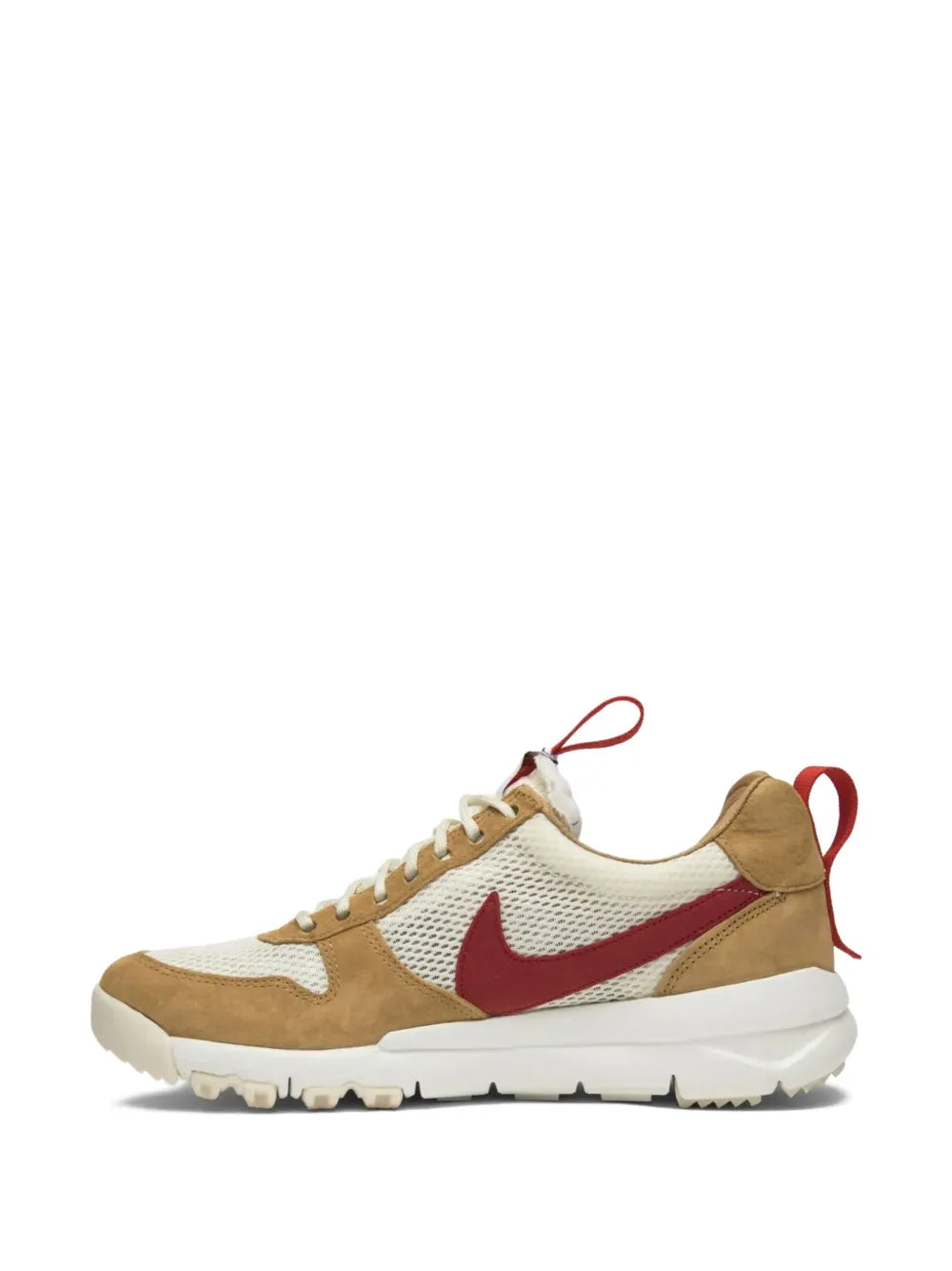 Mars Yard 2.0 lace-up sneaker in white and tan with red swoosh and red laces