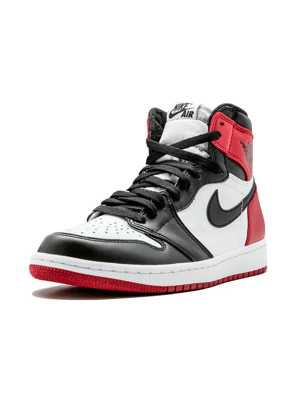 Air Jordan 1 Retro High OG high-top sneakers, front lace-up view, black laces and red collar