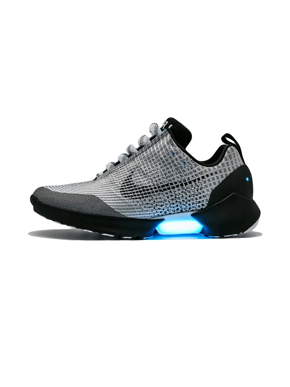 Sneaker with speckled knit upper, black side panels, and blue light at midsole