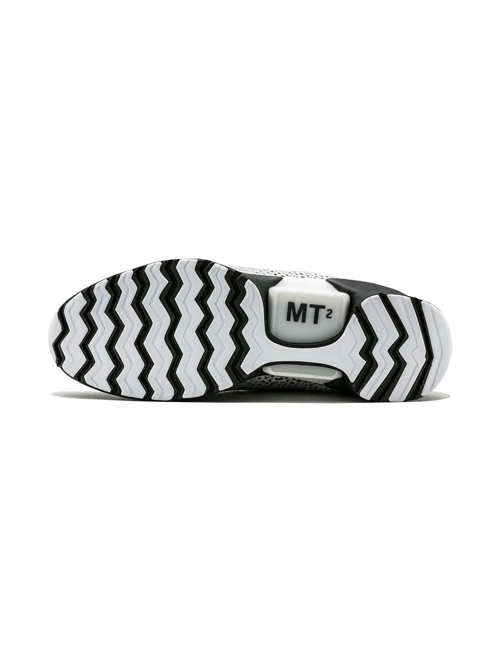 Sneaker outsole view with zigzag tread pattern and MT2 logo