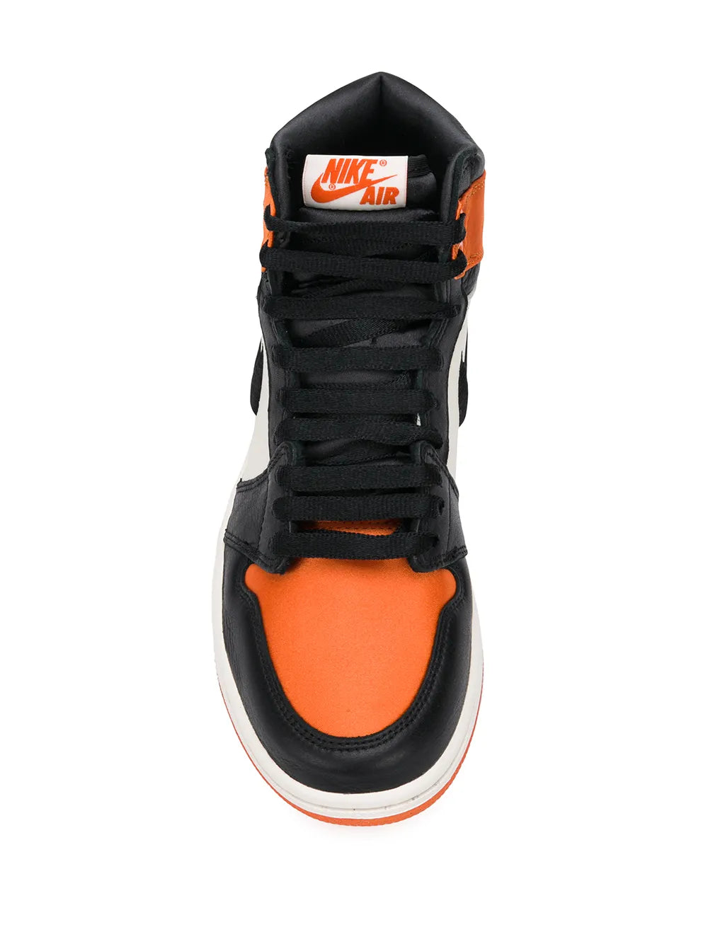 High-top Air Jordan 1 sneaker with 'Nike Air' tongue tag in orange, white, and black