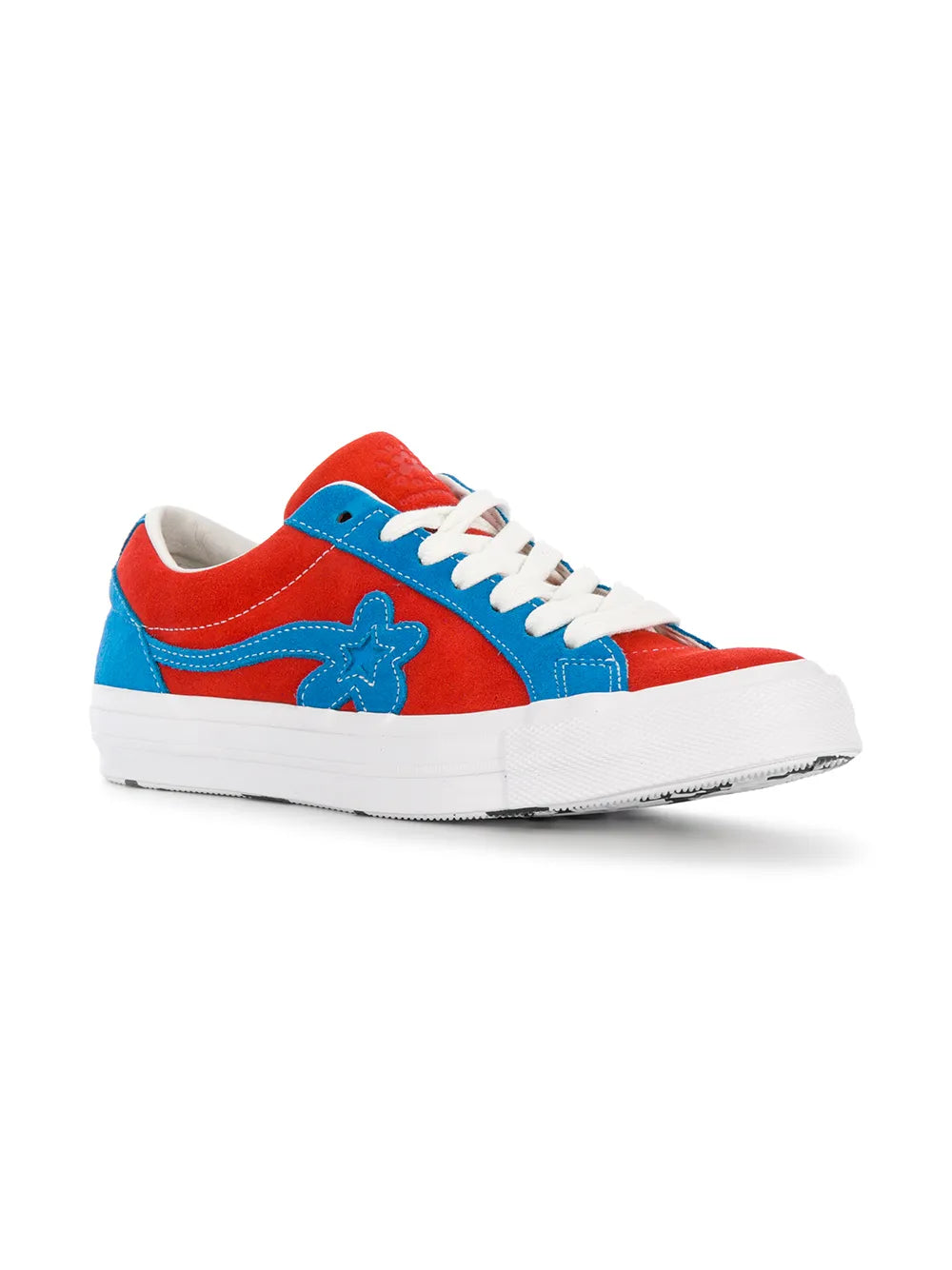 Floral embellished low-top sneaker, blue/red colorblock with white laces