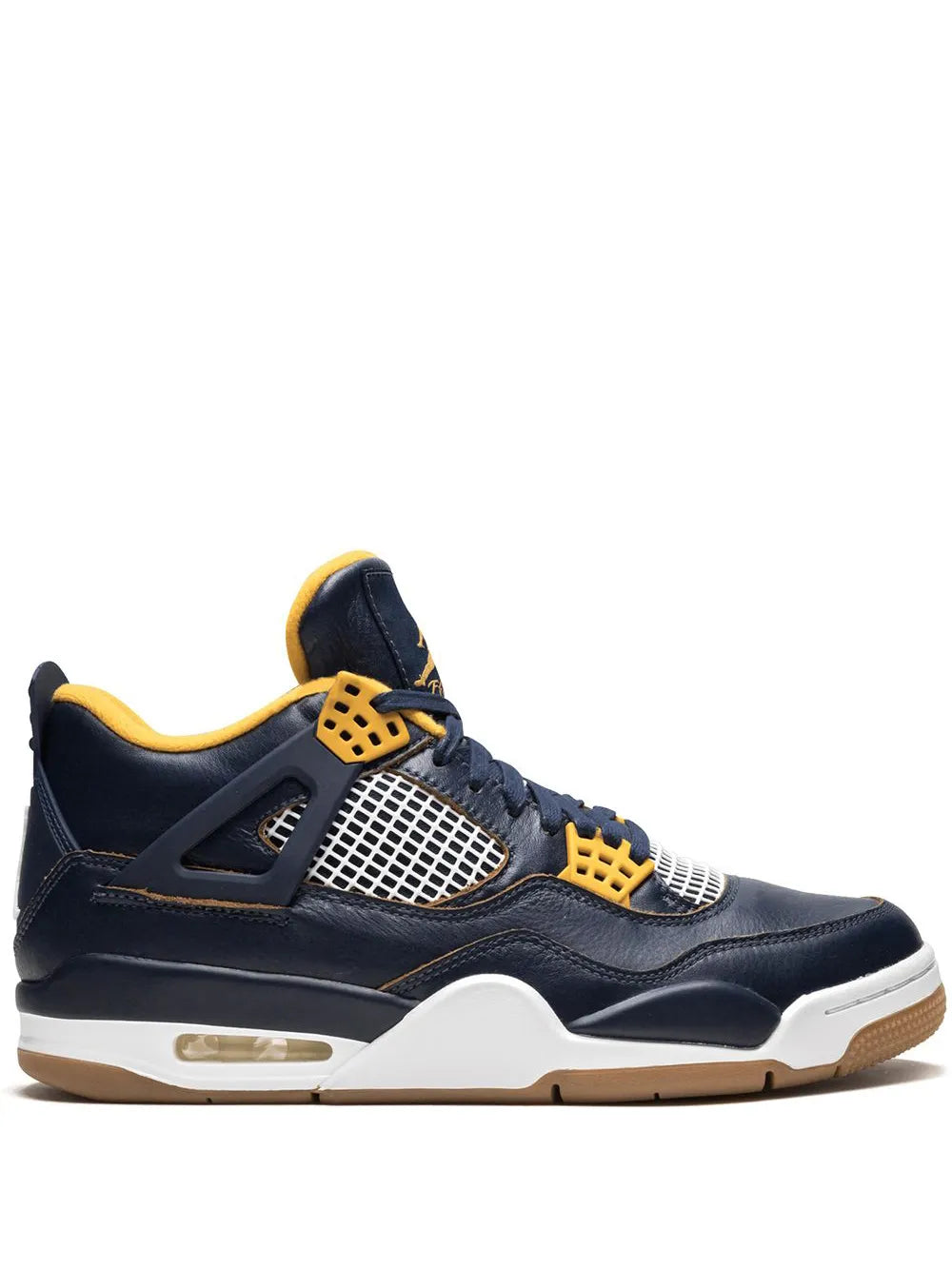 Air Jordan 4 Retro basketball sneaker in dark navy with yellow accents and mesh panel