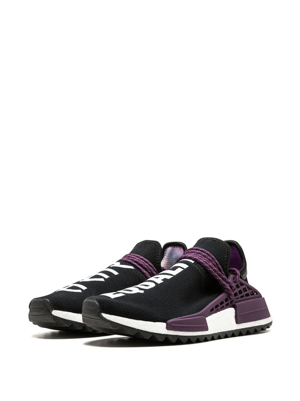 Black NMD Hu sneakers with white logo detailing, purple cage, and purple laces