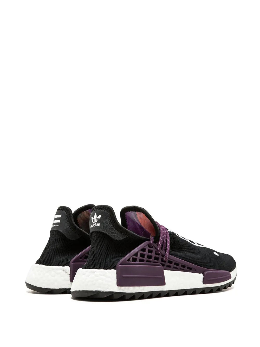 Black NMD Hu sneakers with purple cage overlay and white midsole