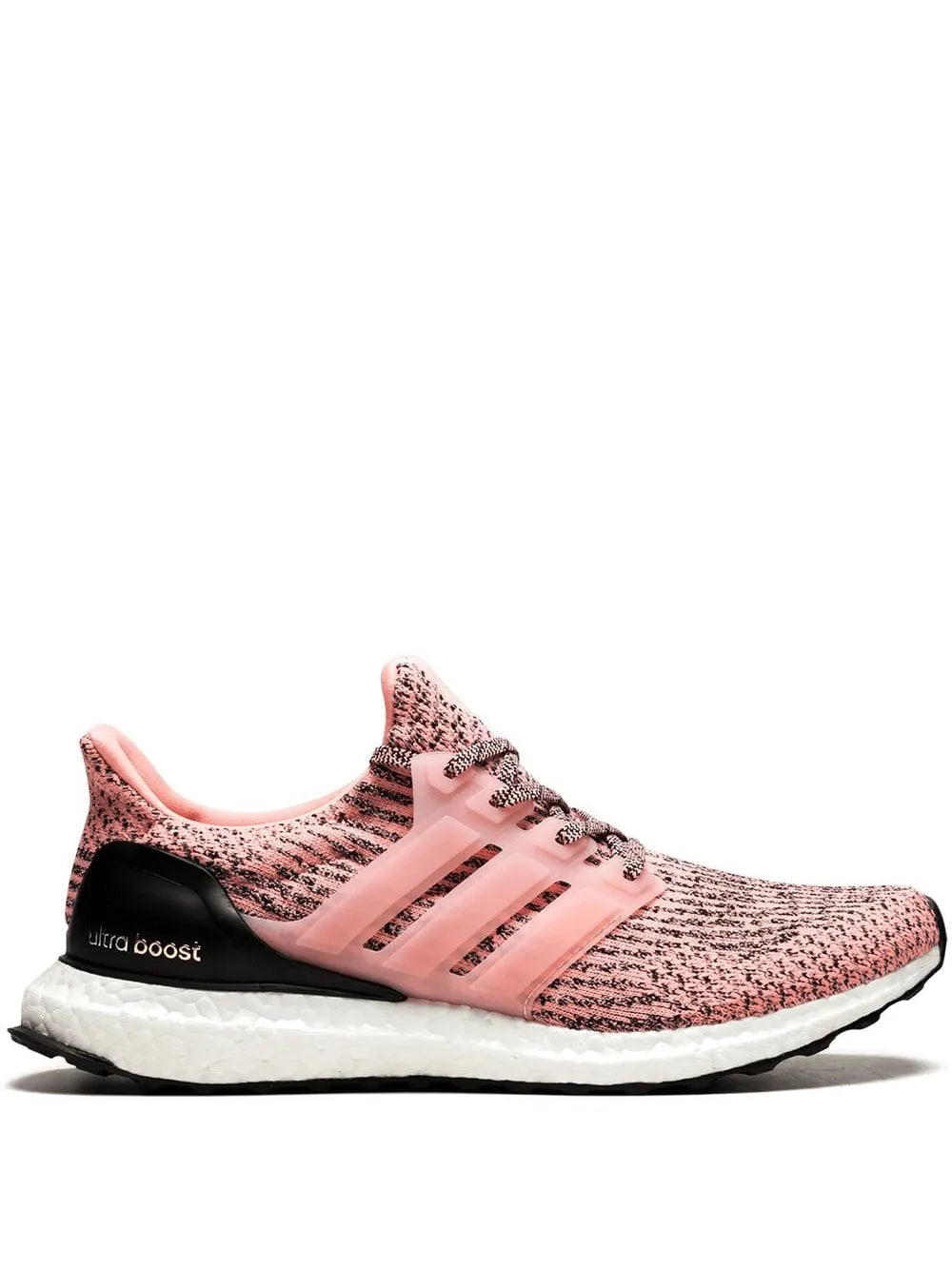 adidas Ultraboost knit running shoes, pink with black accents and white Boost midsole