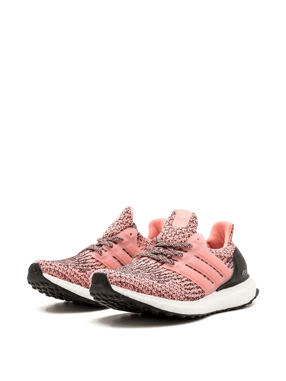 Pink adidas Ultraboost knit sneakers with black heel cap, three stripe detail, white sole