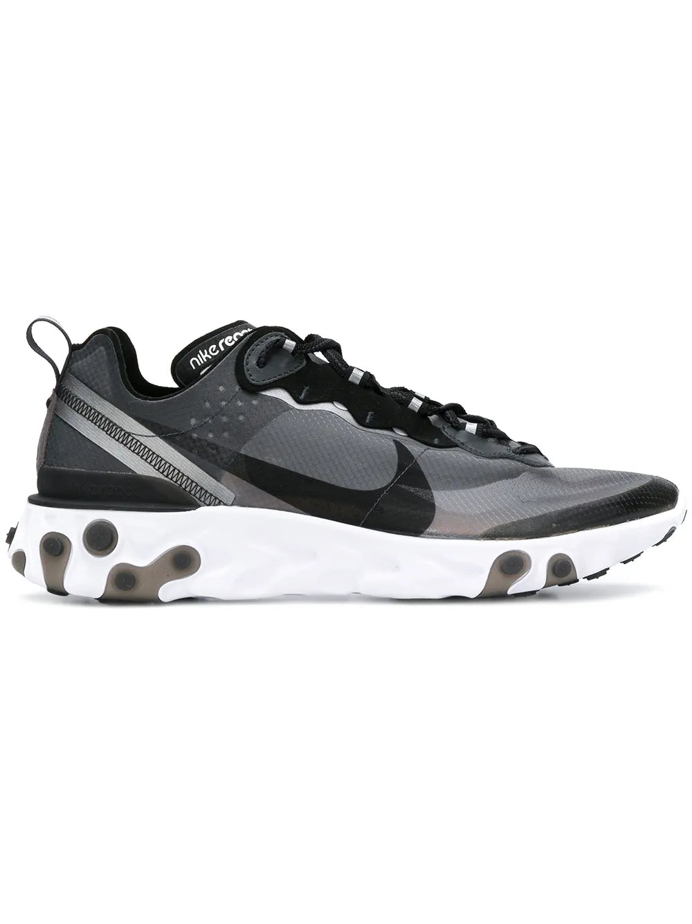 Nike React Element 87 black and gray sneaker with white cushioned sole