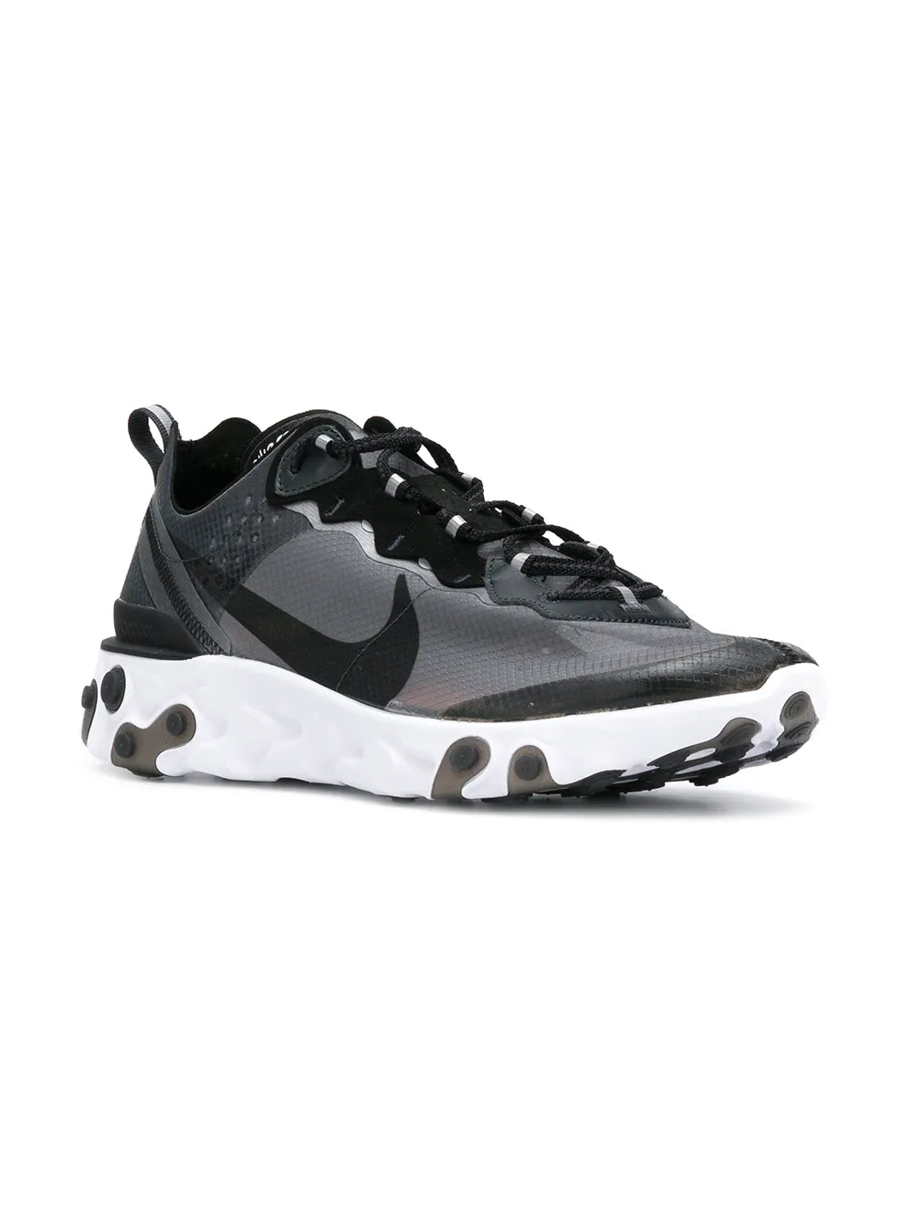 Nike React Element 87 black and gray low-top sneaker with white tread sole
