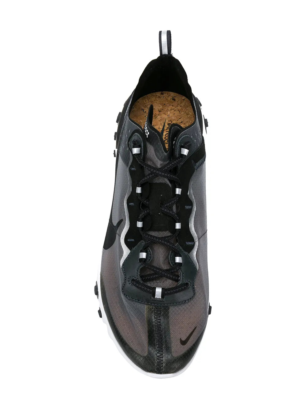 Nike React Element 87 black and gray sneaker viewed from above, lace-up