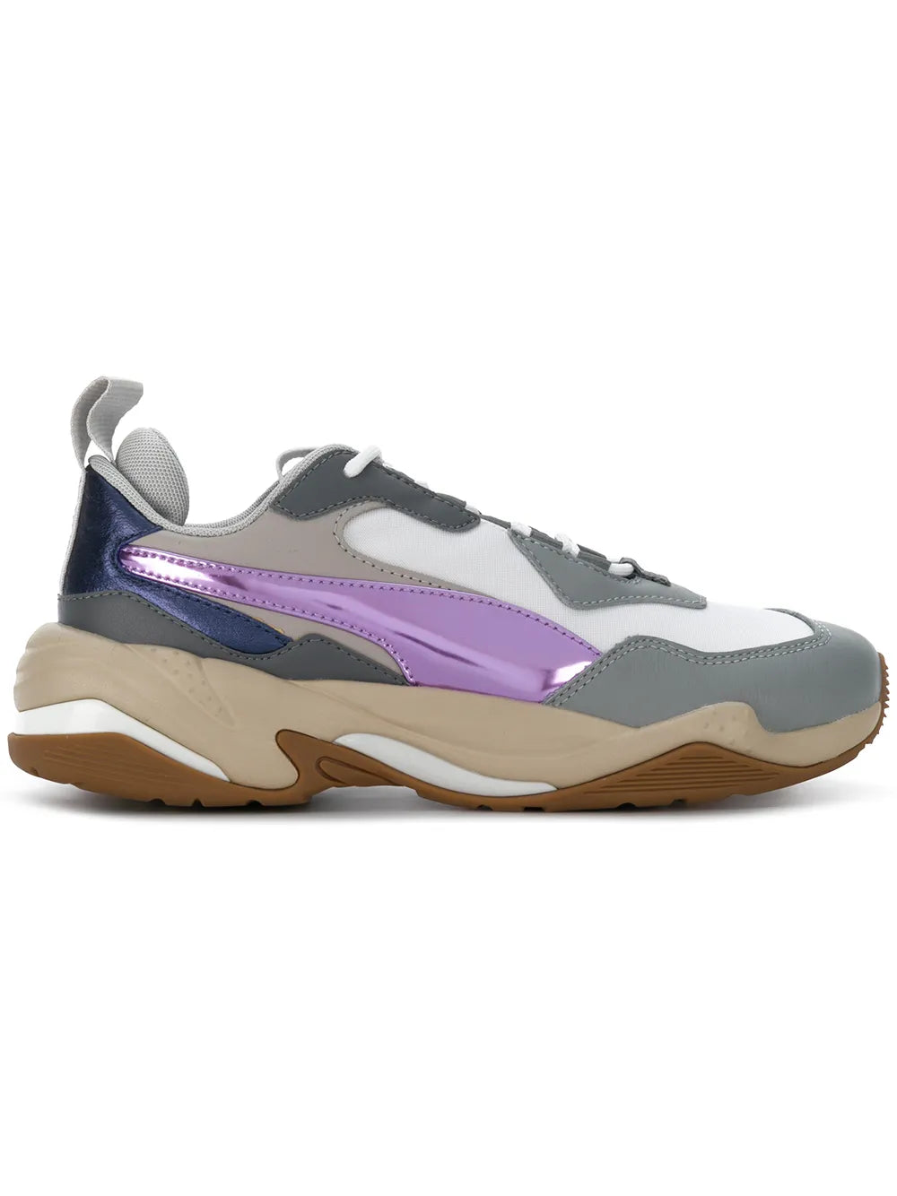 PUMA paneled sneaker in white with gray, purple accents, and tan/brown outsole