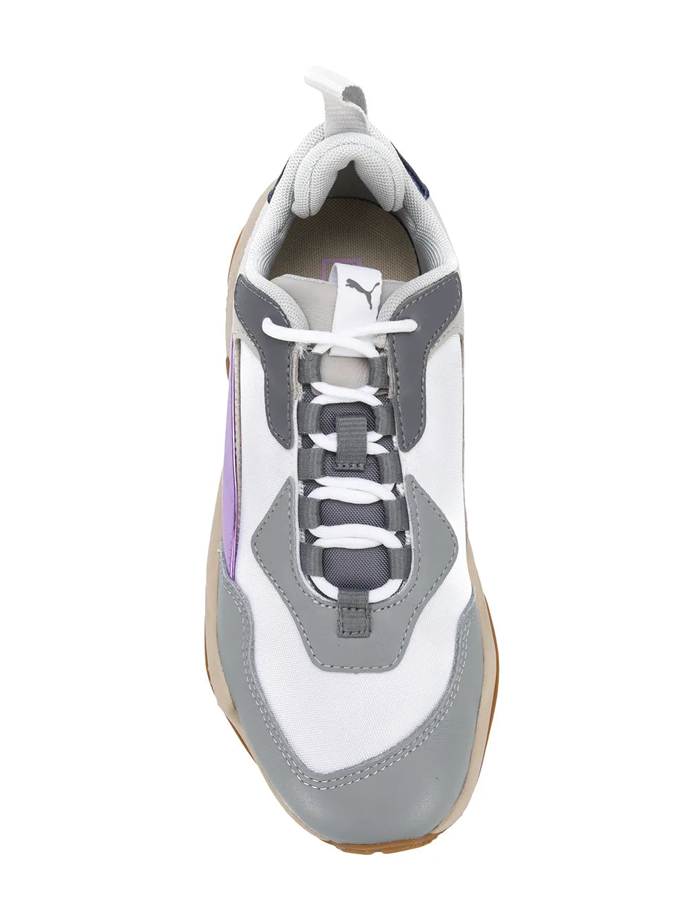 PUMA paneled sneaker front view: white and gray uppers with gray laces