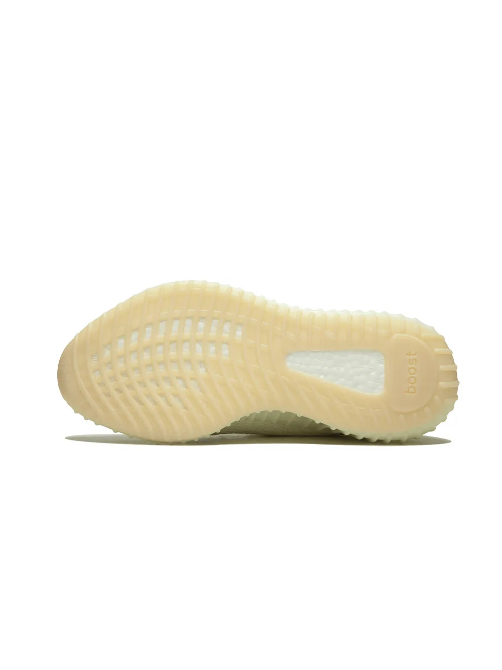 Light cream shoe sole with textured tread and side branding panel