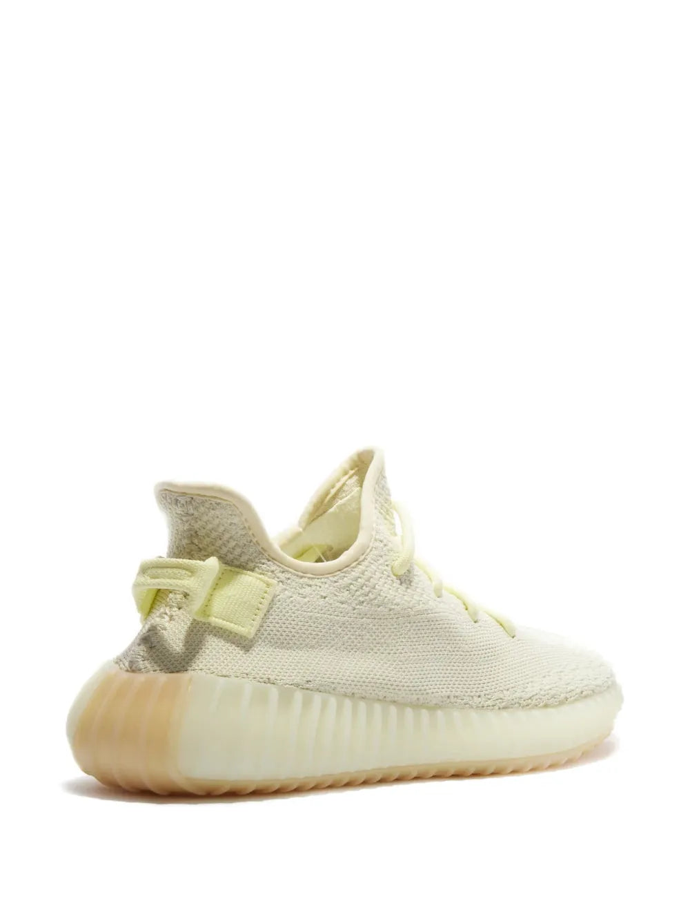 Light cream knit sneaker with lime side stripe, pull tab, and lace-up front