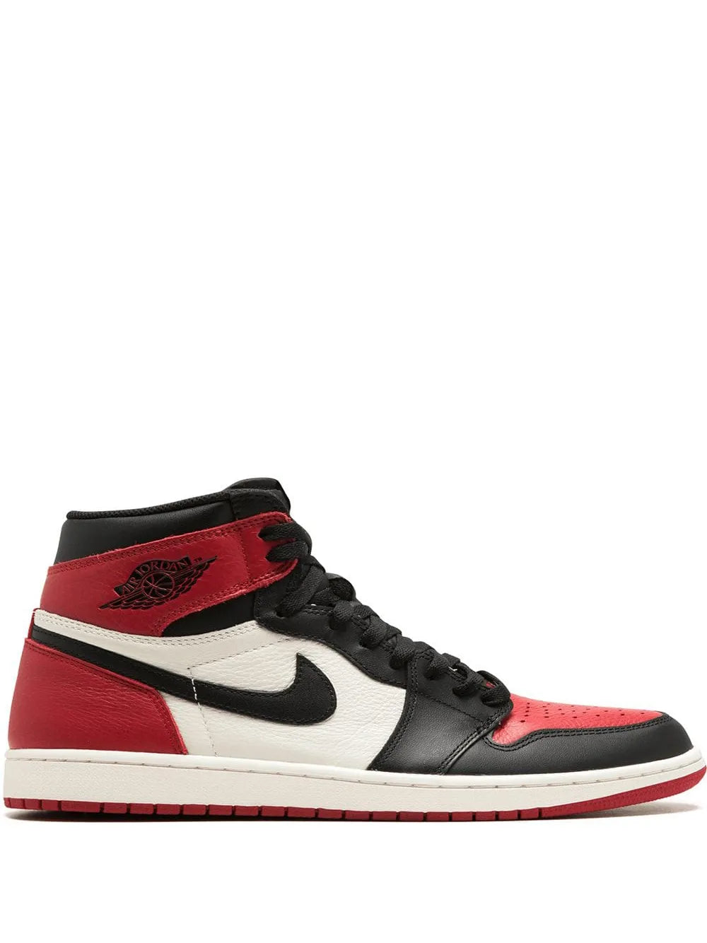 Black, red and white high-top sneakers with lace-up closure and Swoosh logo