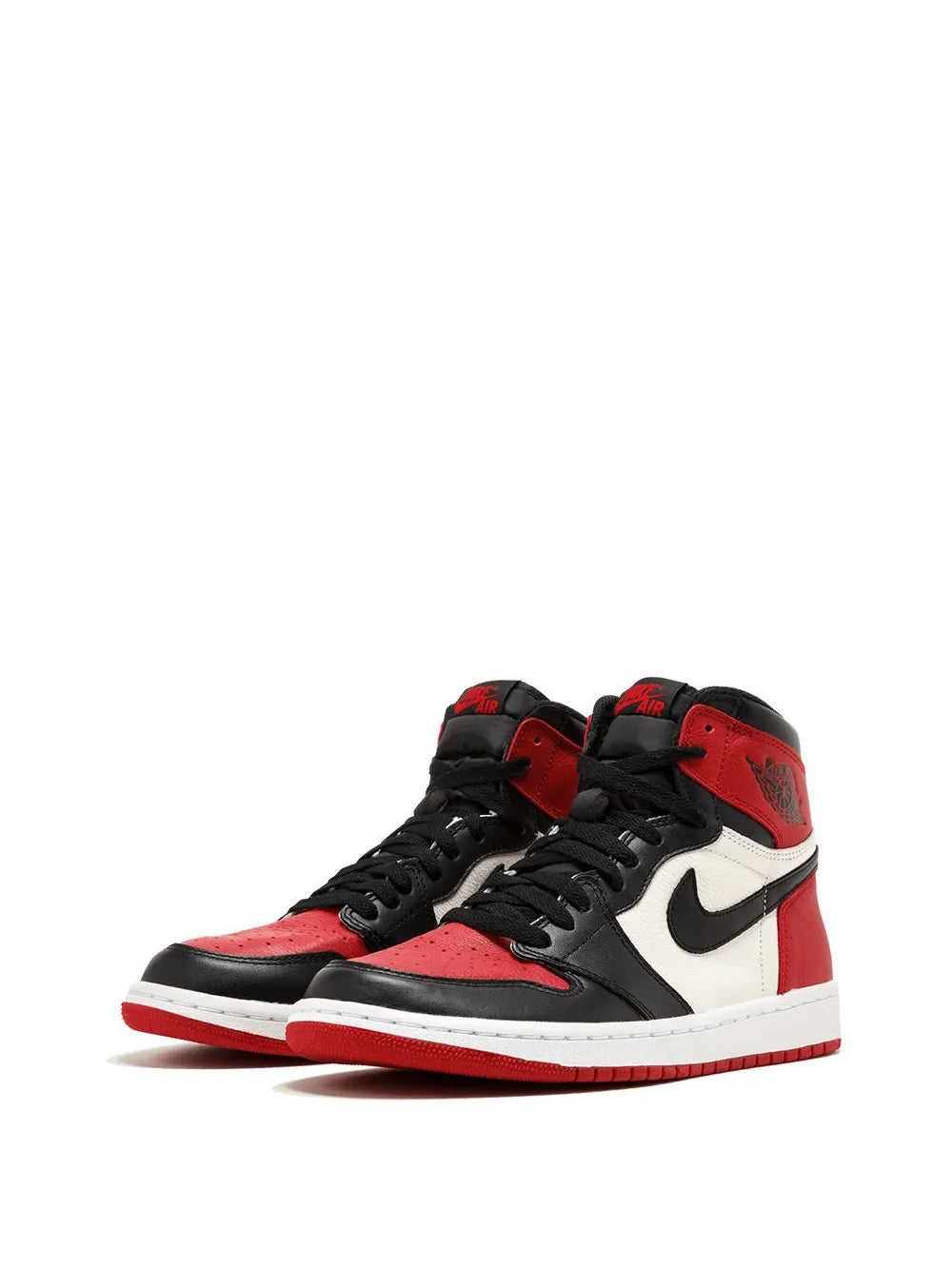 Pair of black, red and white high-top sneakers, side view with Swoosh logo