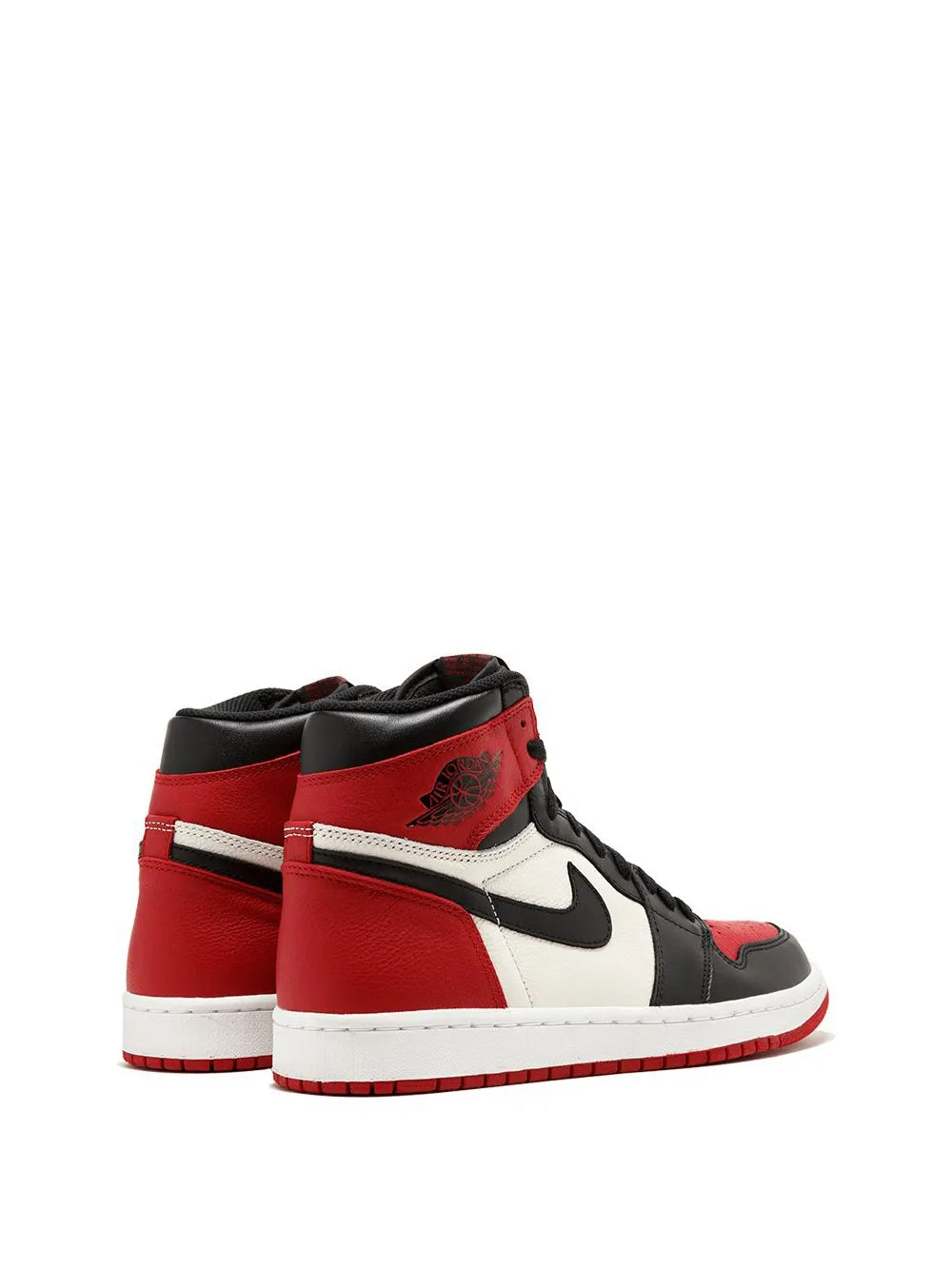 Black, red and white high-top sneakers, back view with heel branding and ankle cuff