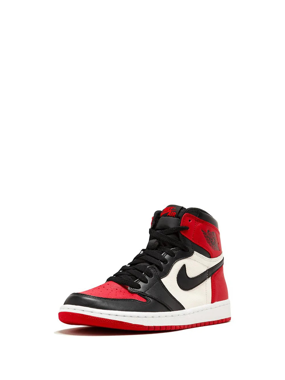 Single black, red and white high-top sneaker with lace-up front and Swoosh