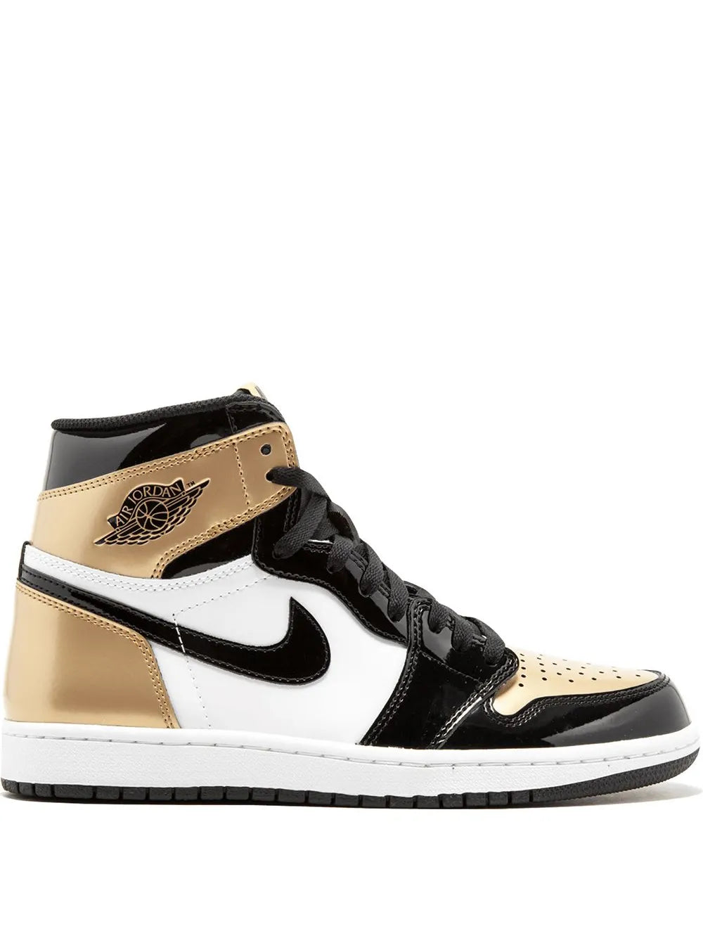 High-top sneakers with black, white, and gold panels, lace-up with swoosh logo