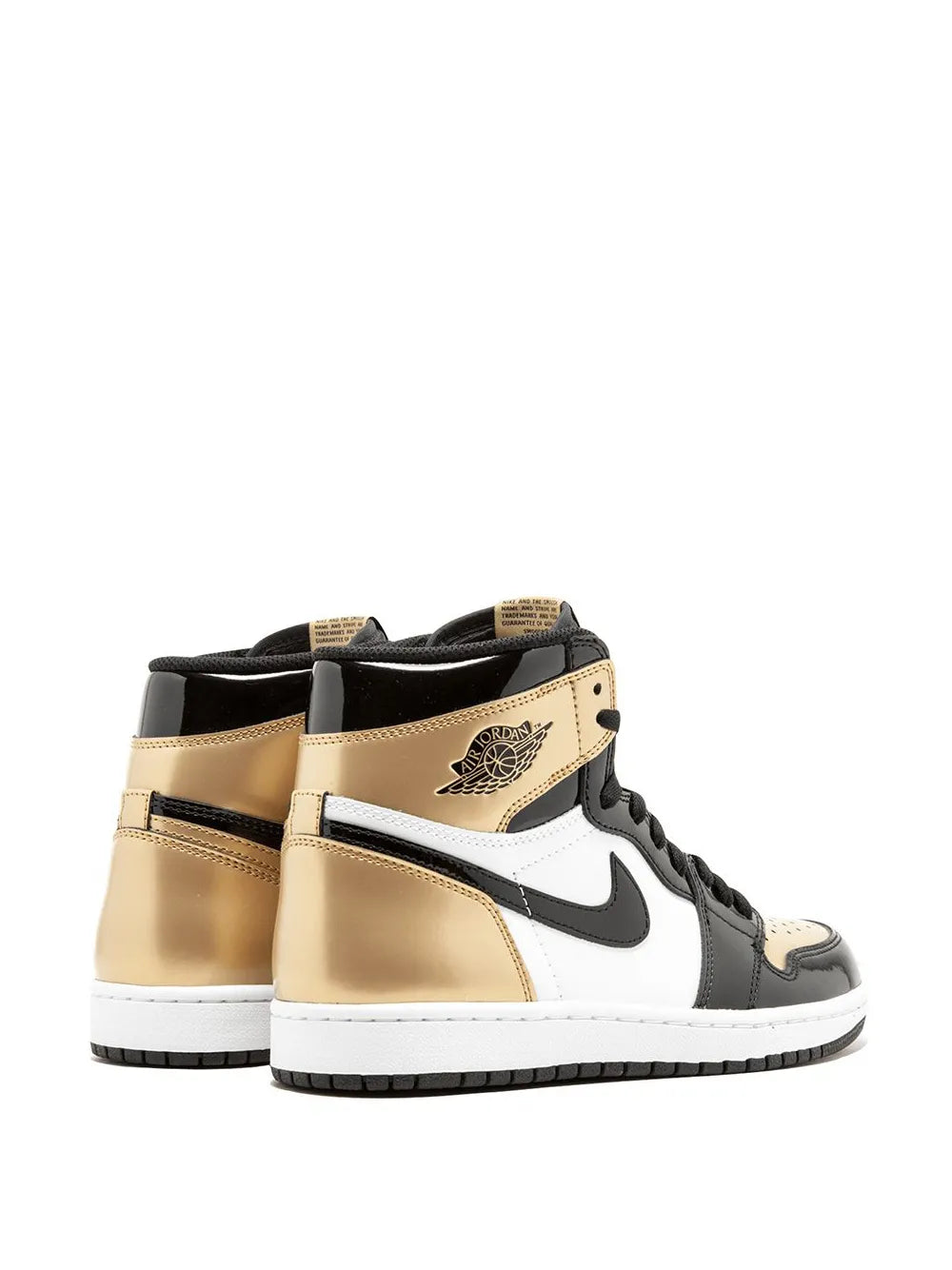High-top sneakers showing back and side in black, white, and gold with lace-up