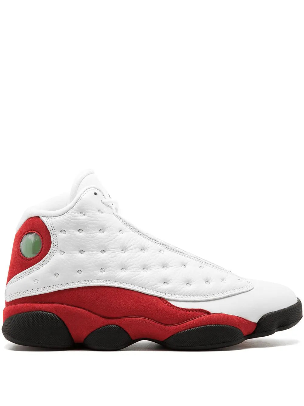 White and red high-top sneakers with black outsole and green eyelet details