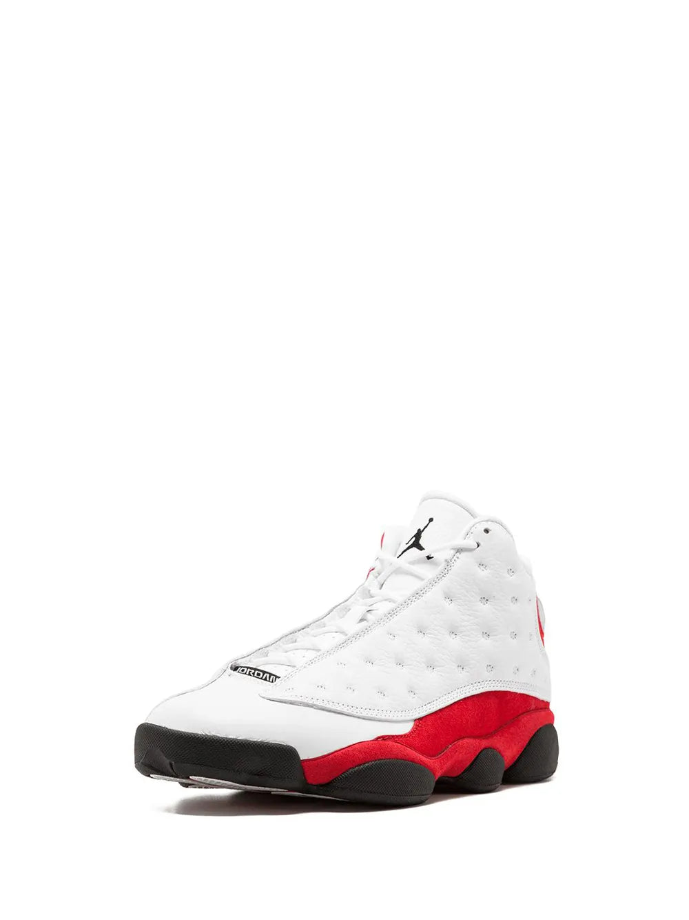 White high-top sneakers with red midsole, black outsole, and lace-up front