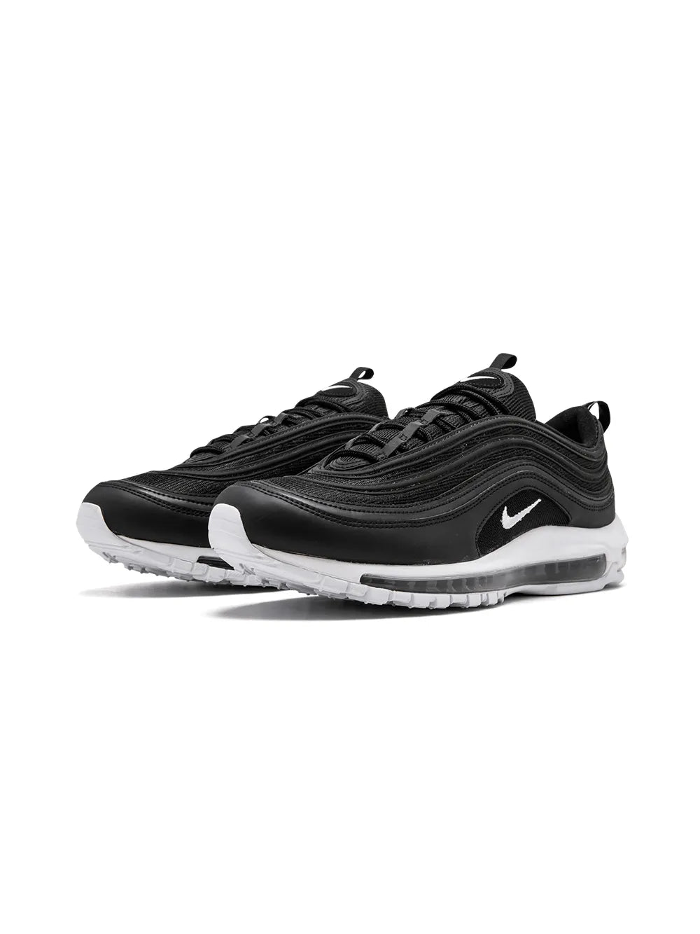 Nike Air Max 97 black sneakers, angled toe and side view with white midsole