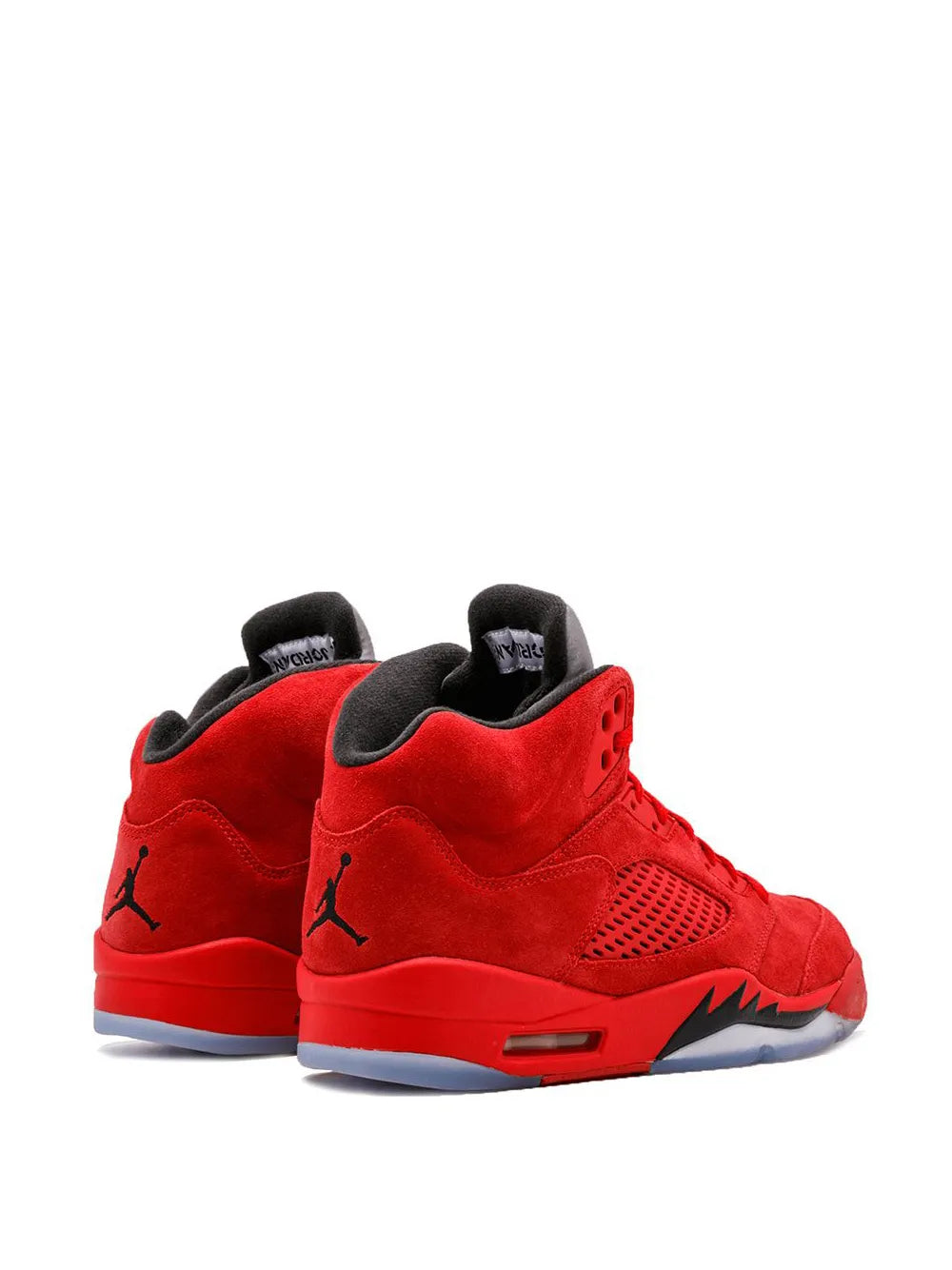 Air Jordan 5 Retro red suede sneakers, heel view with black lining and Jumpman on side