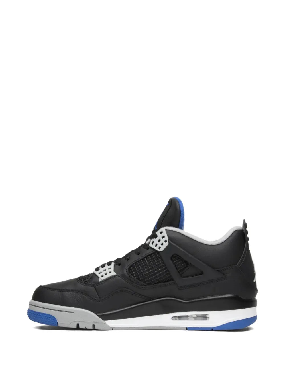 Black high-top sneakers with lace-up front, mesh panels, and blue outsole