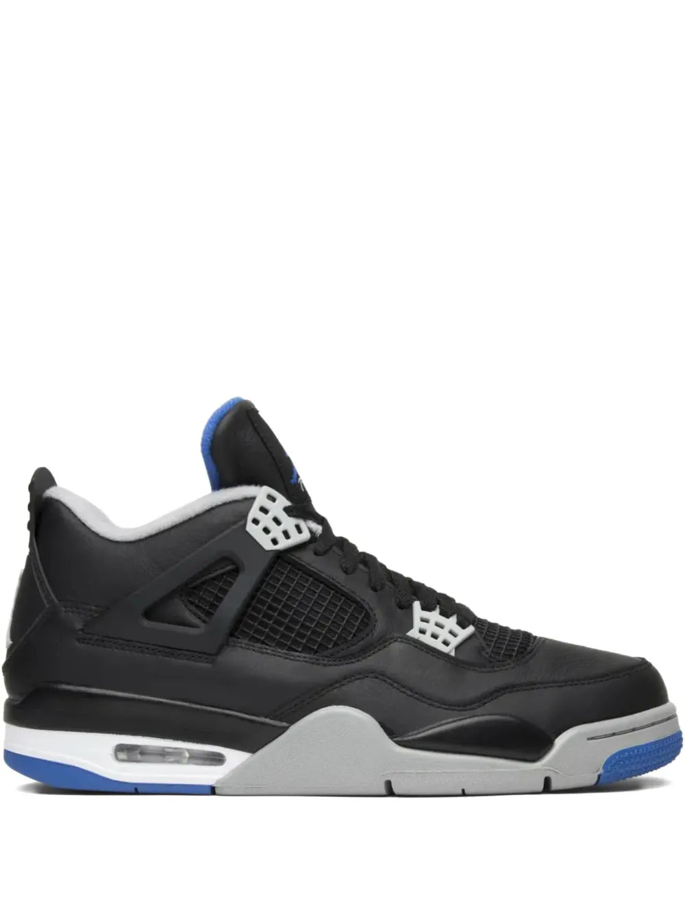 Black high-top sneakers with mesh panels, lace-up, and blue heel accents