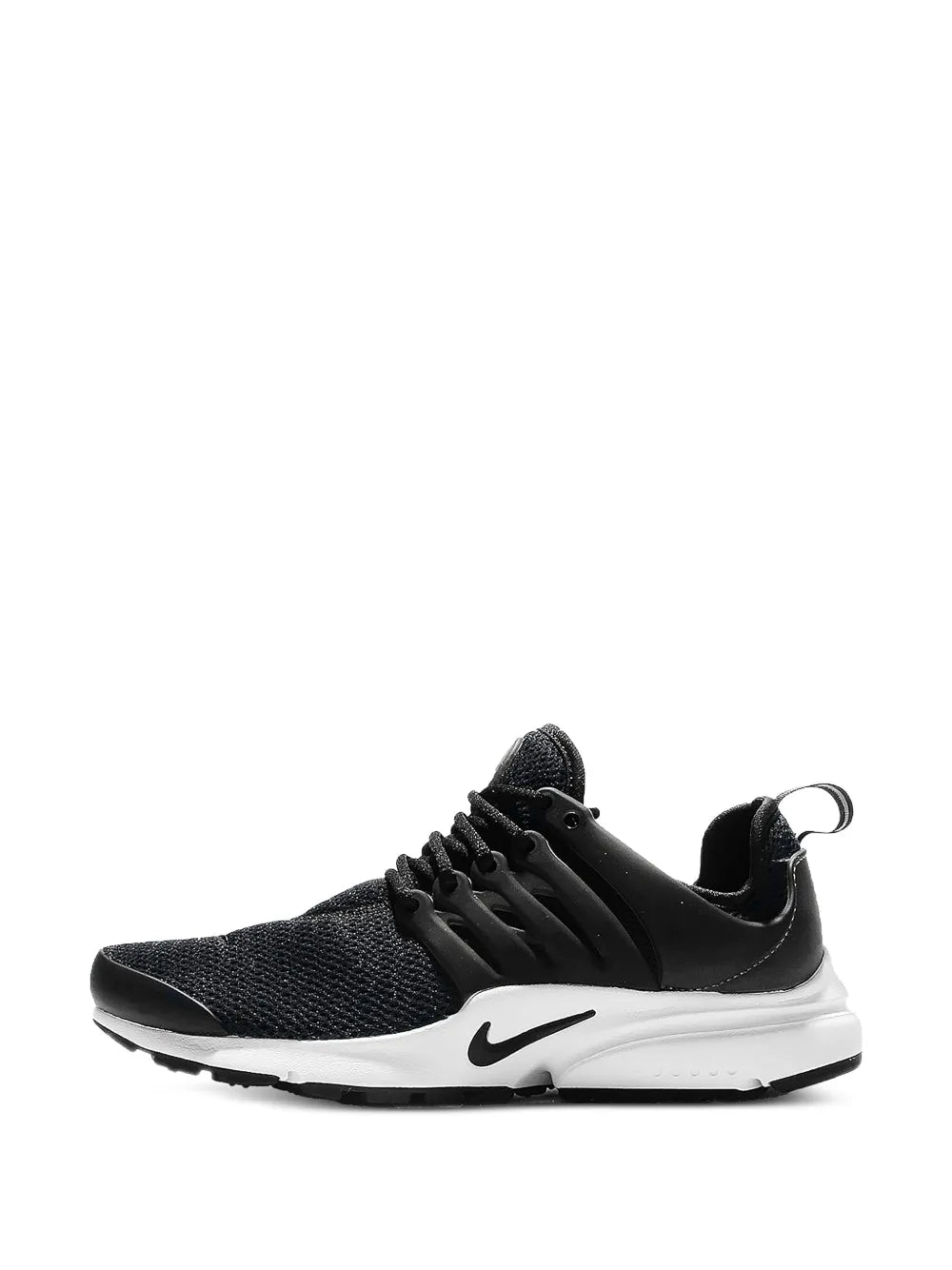 Black Nike running sneakers with knit upper, black laces, white sole and Swoosh.